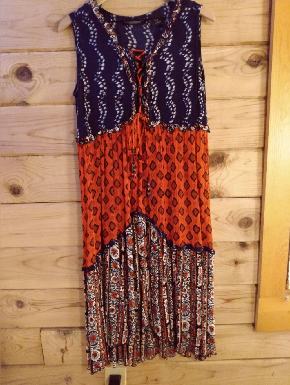 Pyramid Collection Lace-up Bodice Peasant Boho Re & Blue Dress Sz M